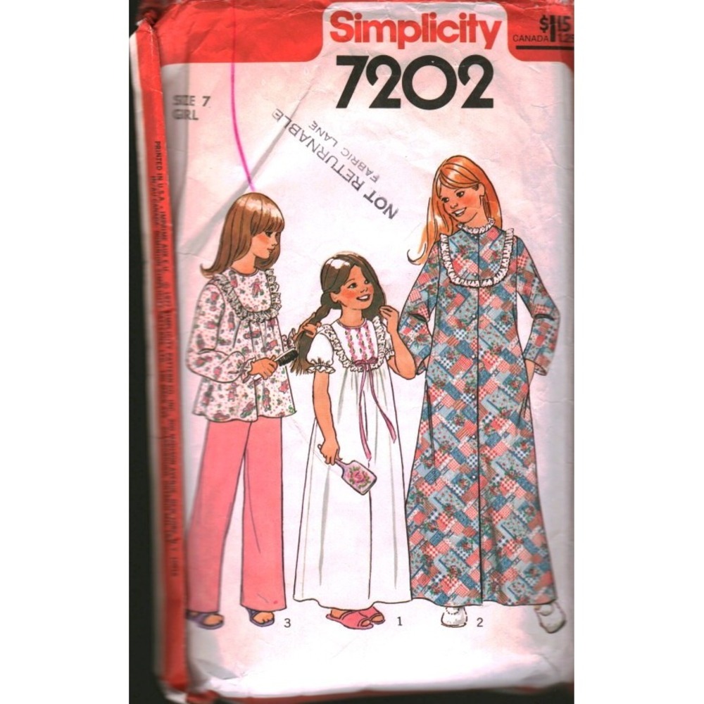 Simplicity‎ 7202 Girls Robe Nightgown Pajamas Sewing Pattern Size 7 CUT Vintage